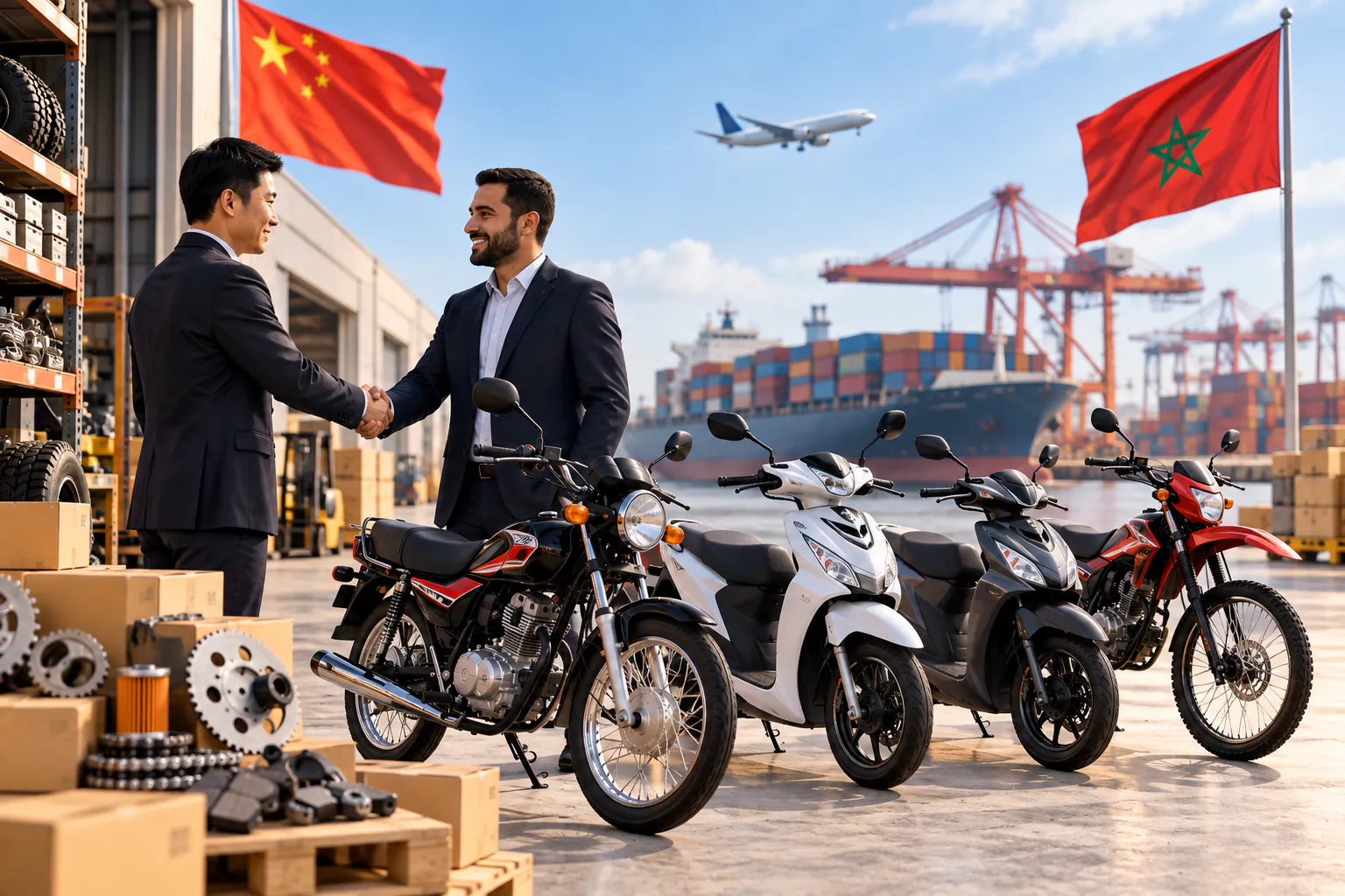 中国与摩洛哥港口旁的商务握手,旁边是摩托车和零部件